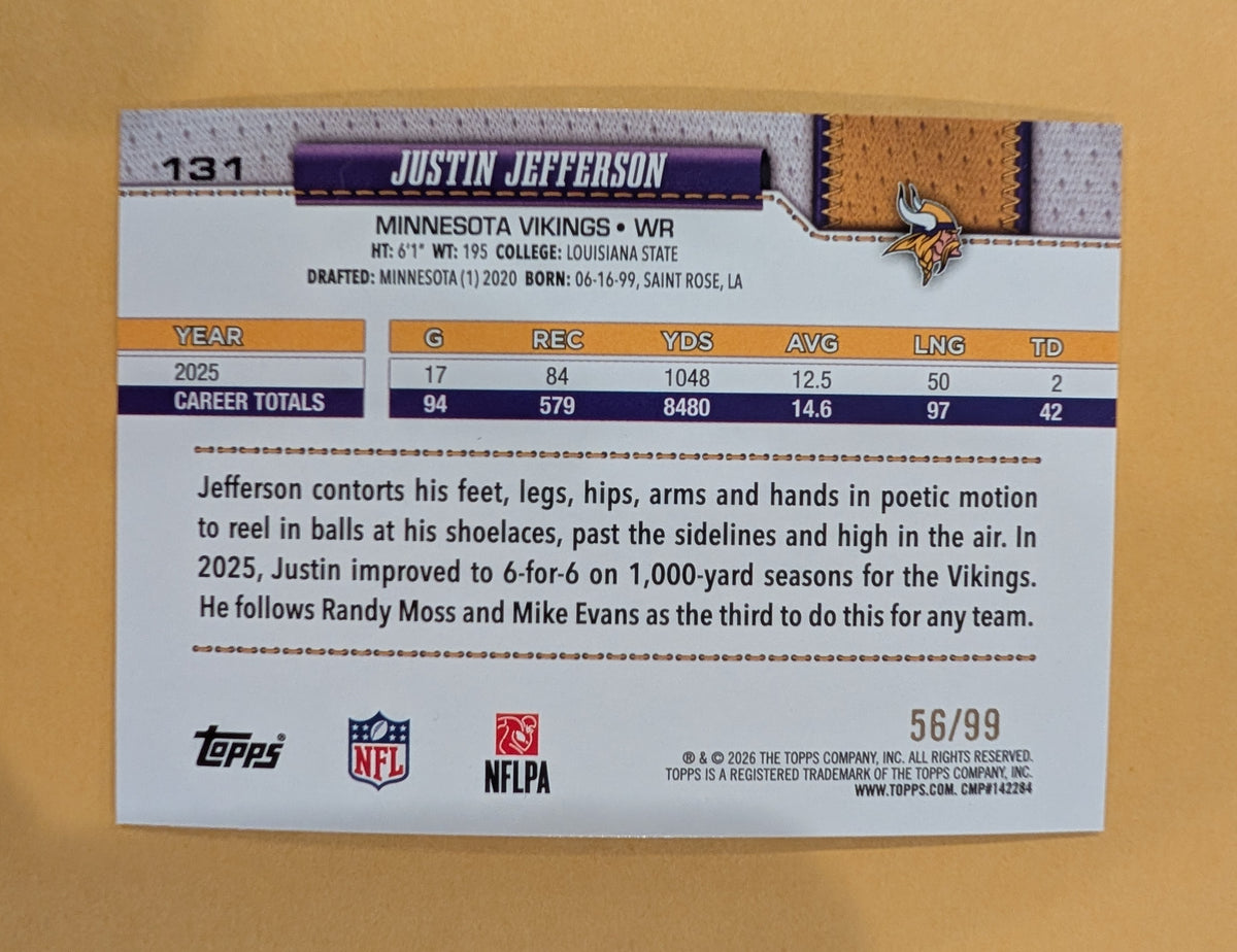 2026 Topps Football Justin Jefferson Vikings Green Leather SP /99 #131
