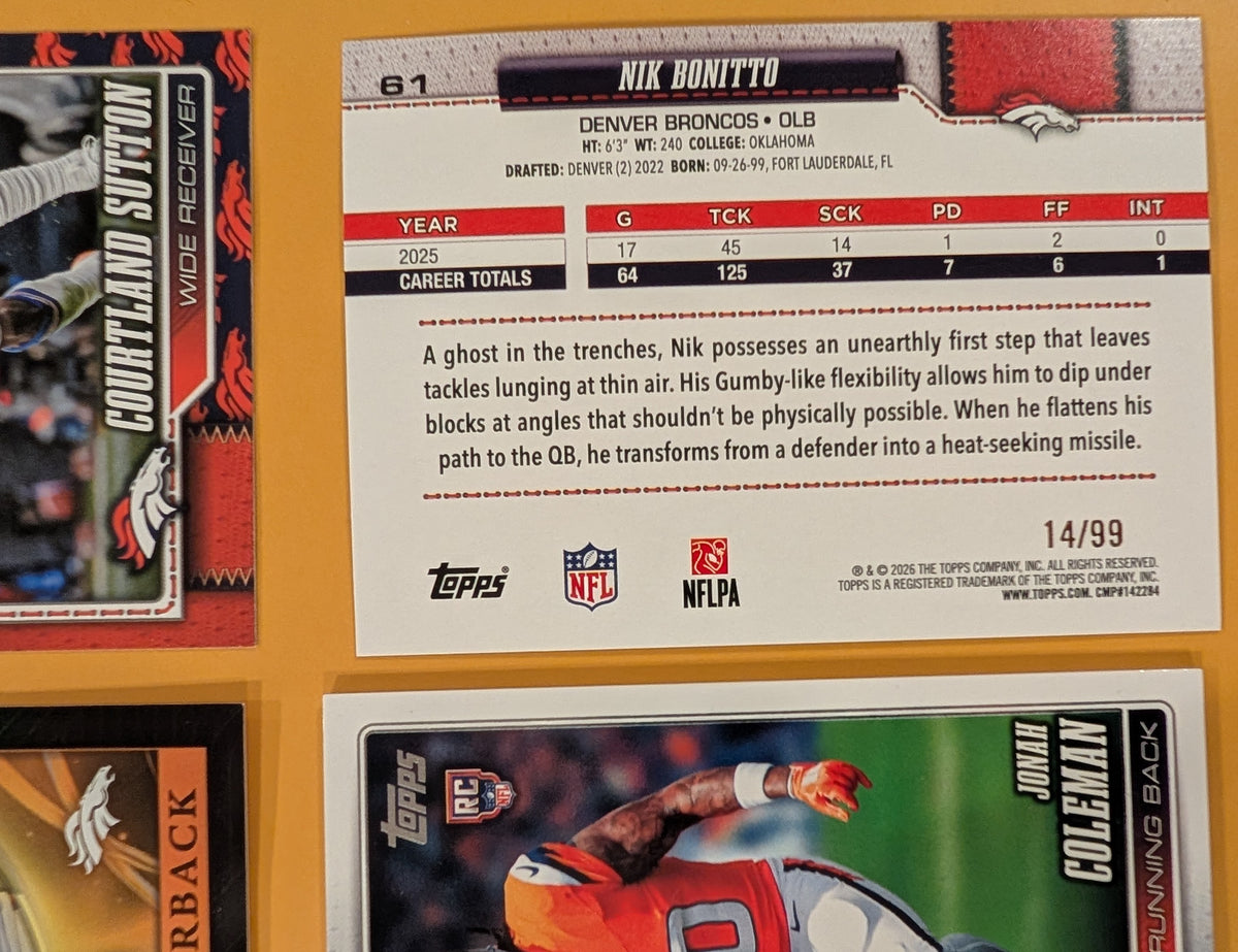 2026 Topps Football Broncos 6 Card Relic Numbered Lot - Pat Surtain II, Sutton
