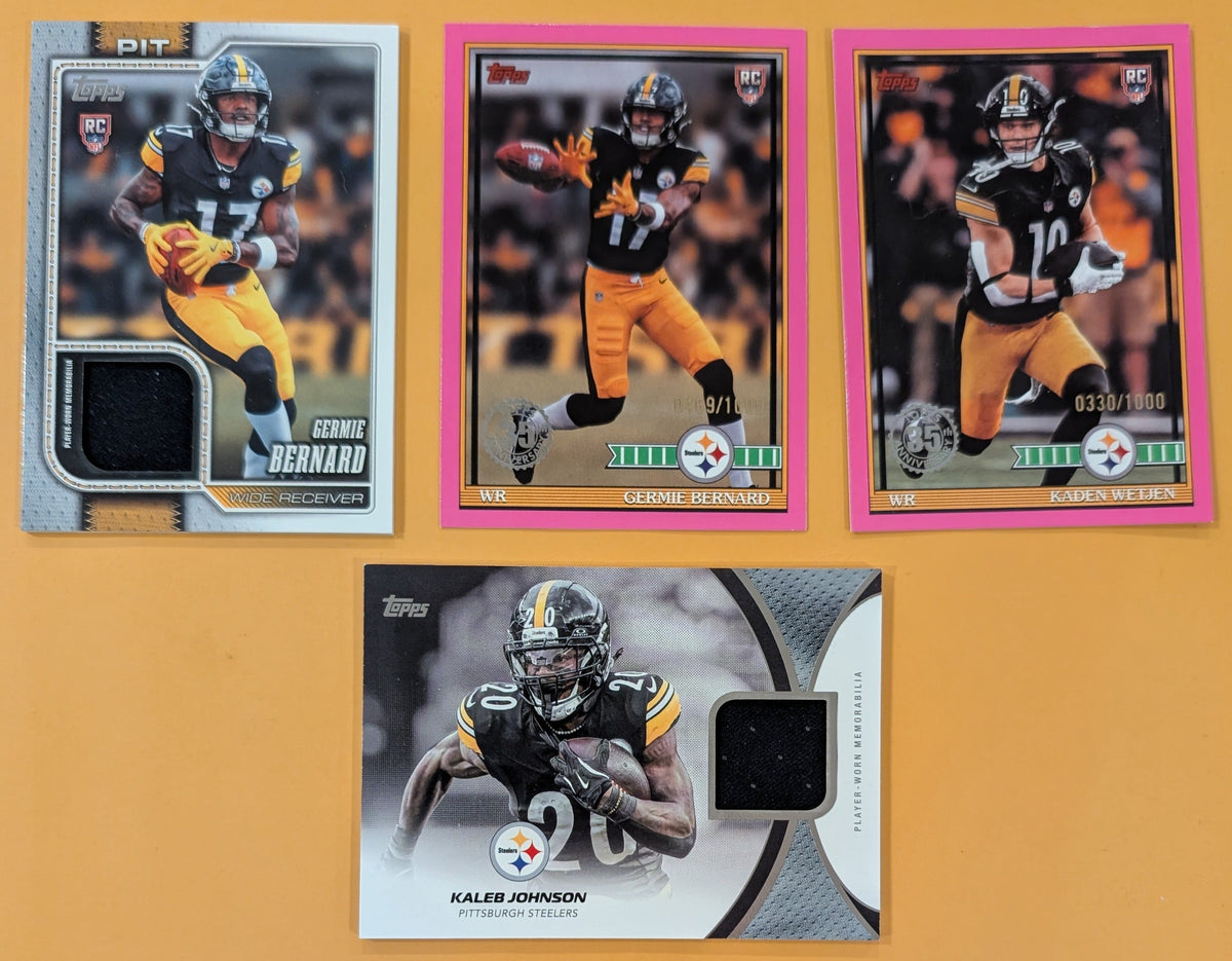 2026 Topps Football Steelers 4 Card Relic Numbered Lot - Germie Bernard, Johnson