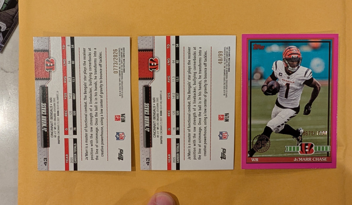 2026 Topps Football Ja'Marr Chase Bengals 3 Card Lot Pink /1000 Leather #43