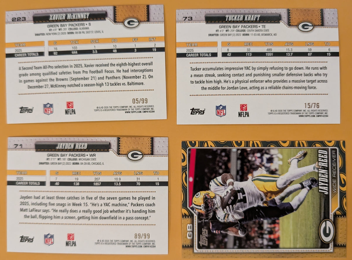 2026 Topps Football Packers 5 Card Numbered Lot - Jayden Reed, Tucker Kraft SP
