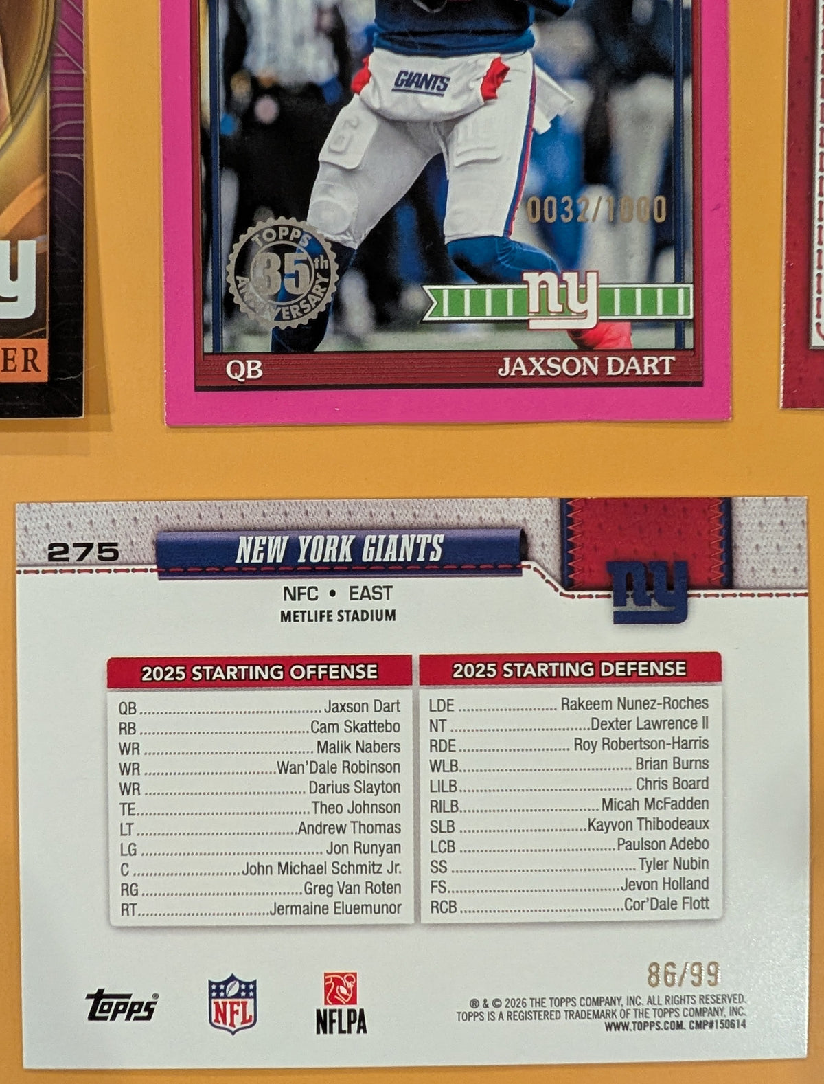 2026 Topps Football Giants 4 Card Lot - Jaxson Dart Pink SP /1000, Brian Burns