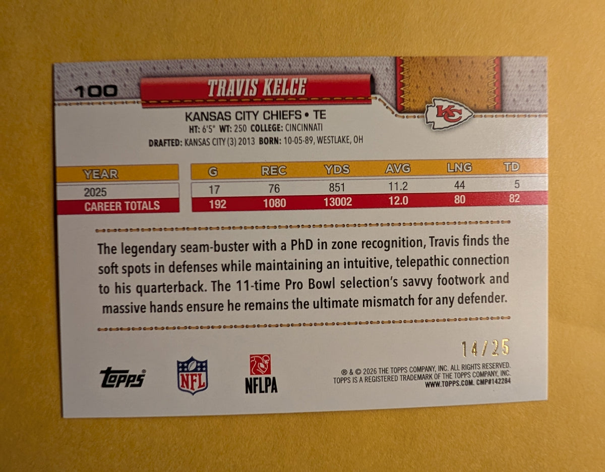 2026 Topps Football Travis Kelce Chiefs Orange Diamante Foil SSP /25 #100