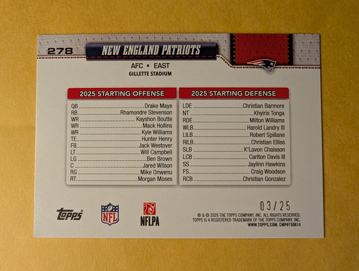 2026 Topps Football New England Patriots Team Card Orange Diamante SSP /25 #278