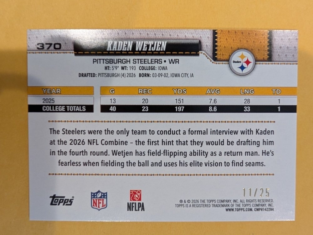 2026 Topps Football Kaden Wetjen Steelers Orange Football SSP /25 RC #370