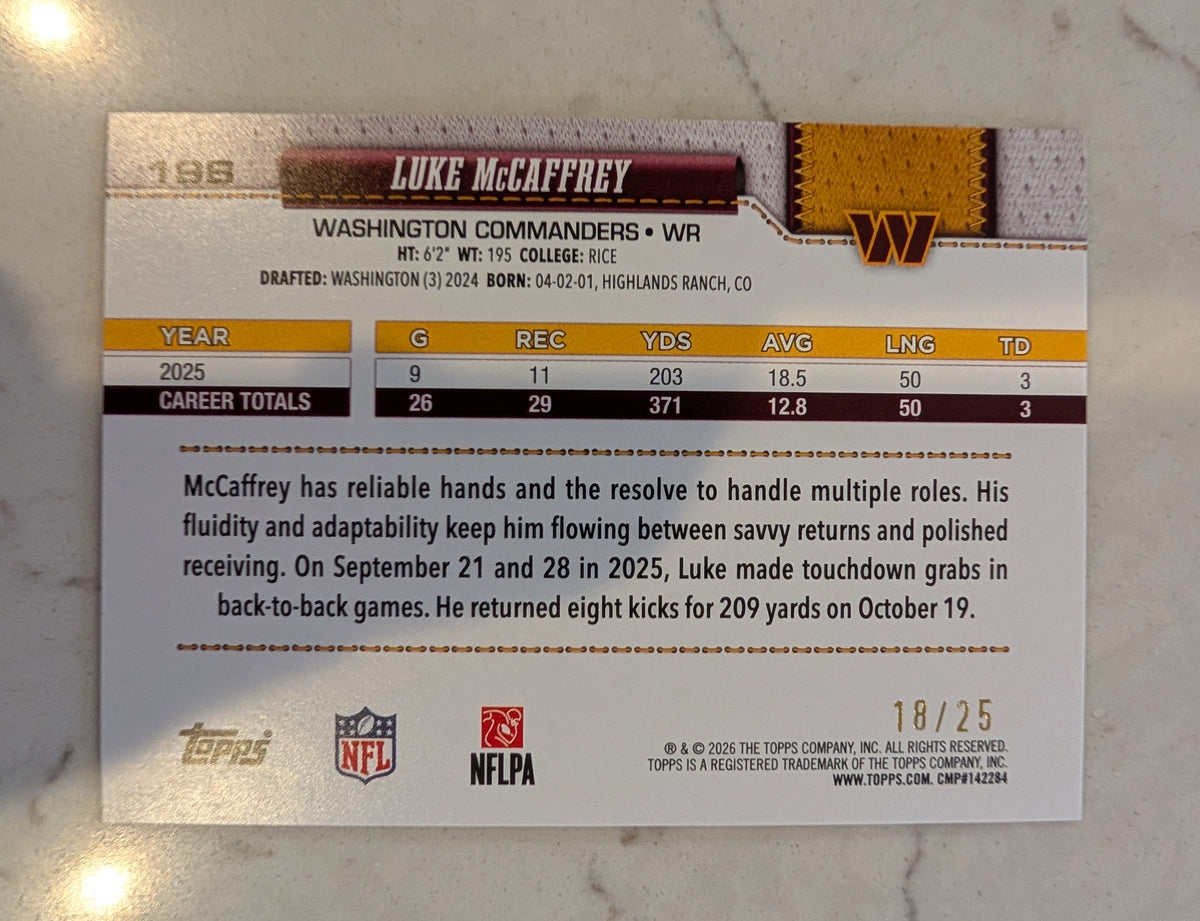 2026 Topps Football Luke McCaffrey Commanders Orange Leather SSP /25 #198