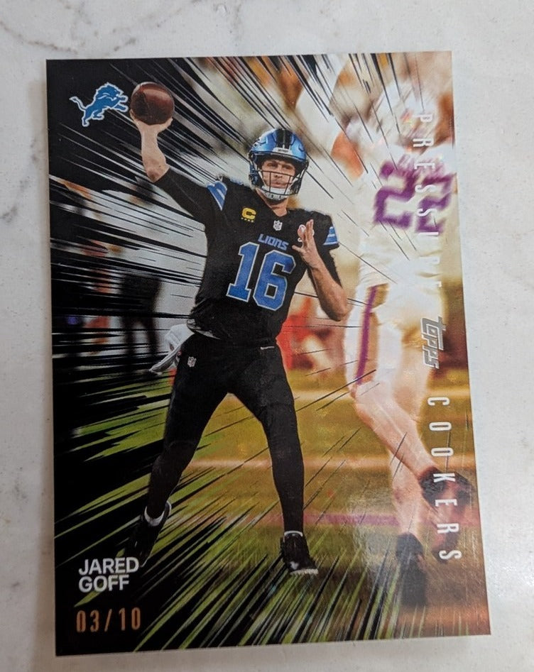 2026 Topps Football Jared Goff Lions Pressure Cookers Gold SSP /10 #PC-16