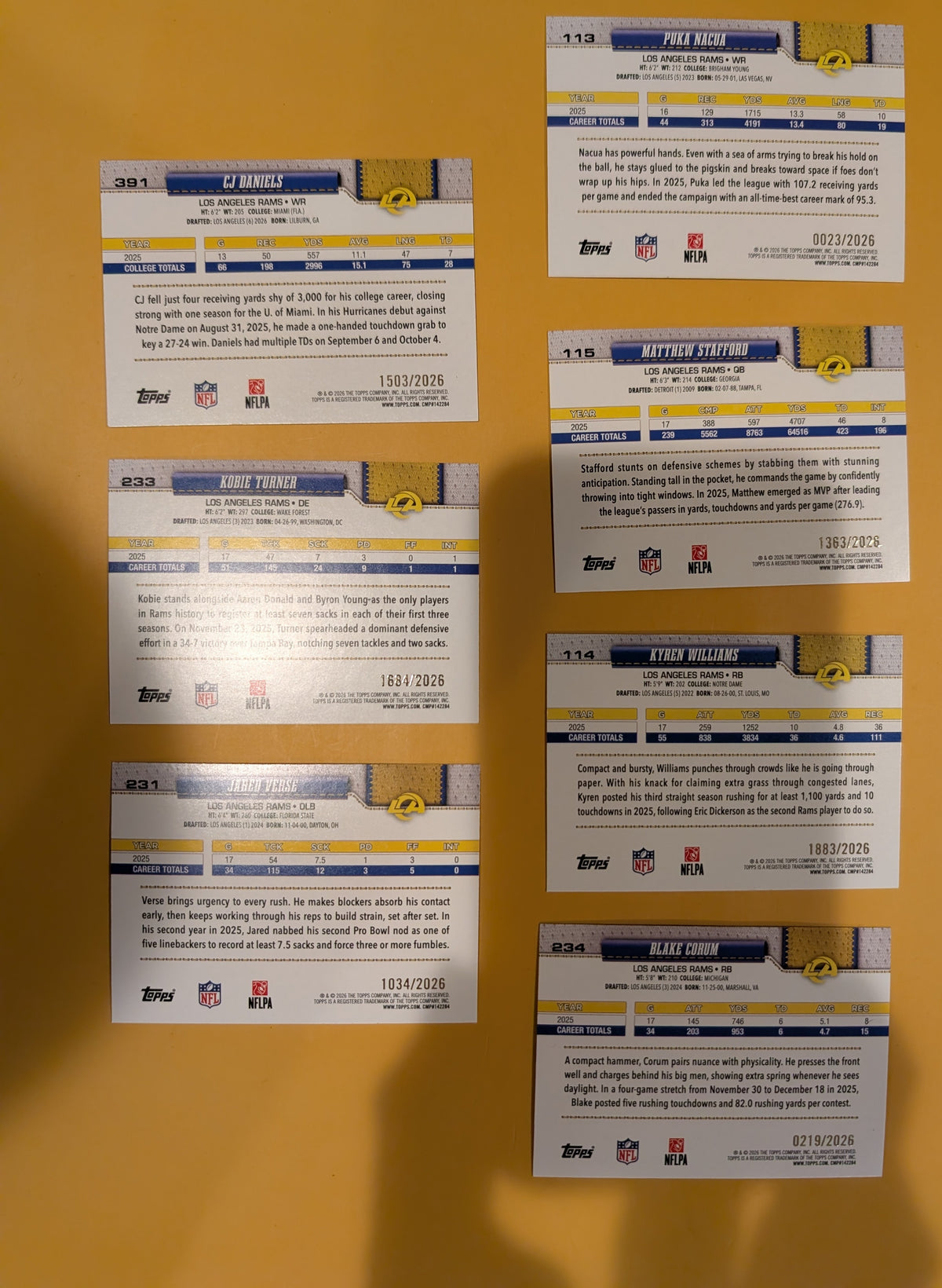 2026 Topps Football Rams Gold SP /2026 Lot 7 Cards - Nacua, Stafford, Corum