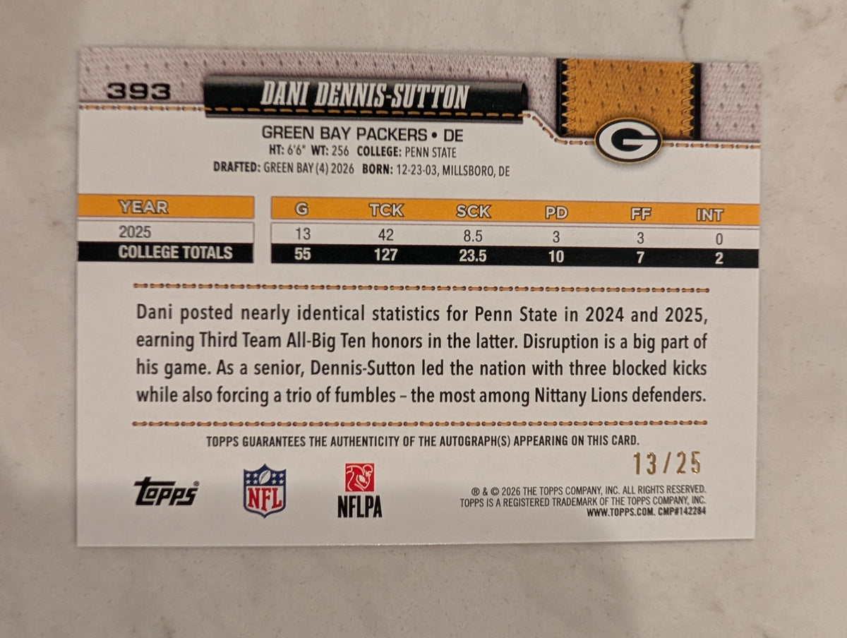 2026 Topps Football Dani Dennis-Sutton Packers Real One Auto Orange SSP /25 RC
