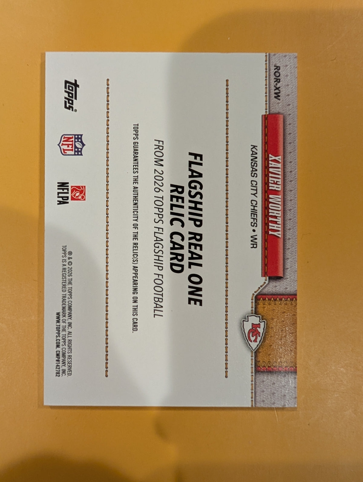 2026 Topps Football Xavier Worthy Chiefs Real One Relic Patch SSP /10 #ROR-XW