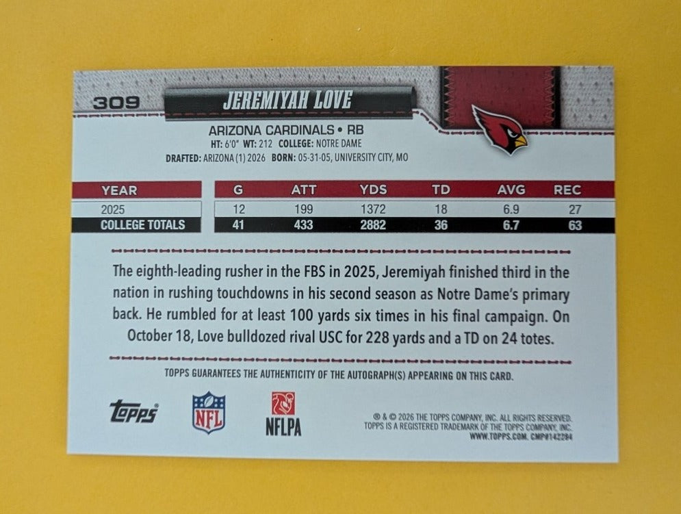 2026 Topps Football Jeremiyah Love Arizona Cardinals Rookie Real One Autograph
