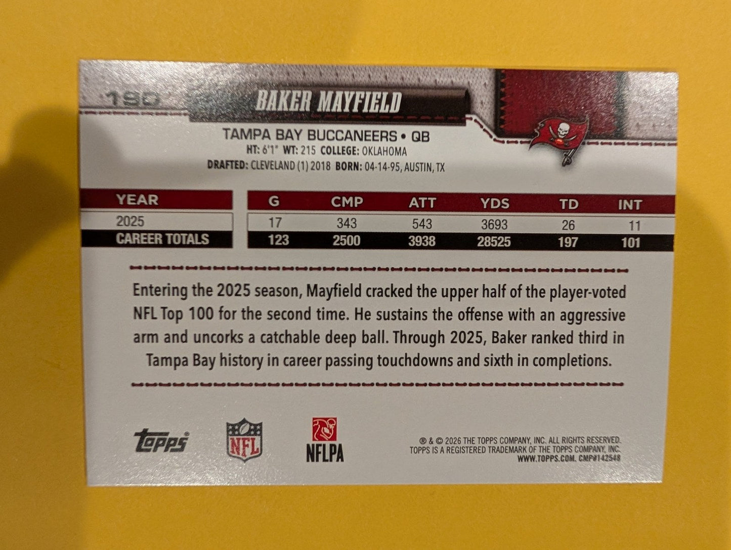 2026 Topps Football Baker Mayfield #190 Photo Variation SP - back