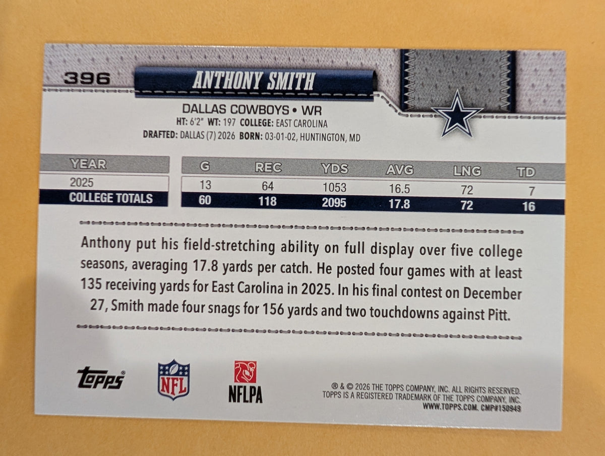 2026 Topps Football Anthony Smith Cowboys True Photo Variation SSP RC #396