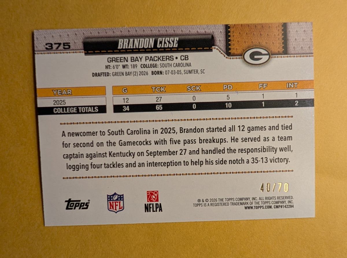 2026 Topps Football Brandon Cisse Green Bay Packers True Black SP /70 RC #375
