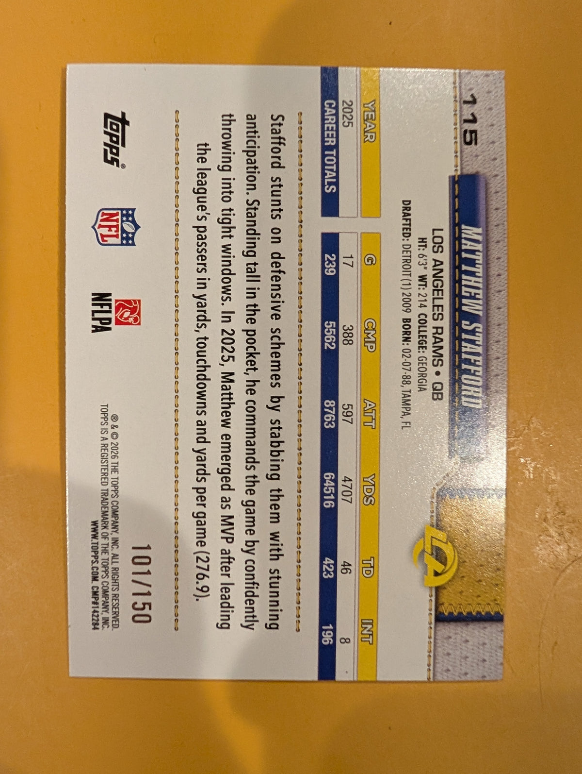 2026 Topps Football Matthew Stafford Rams Walmart Yellow Blue SP /150 #115
