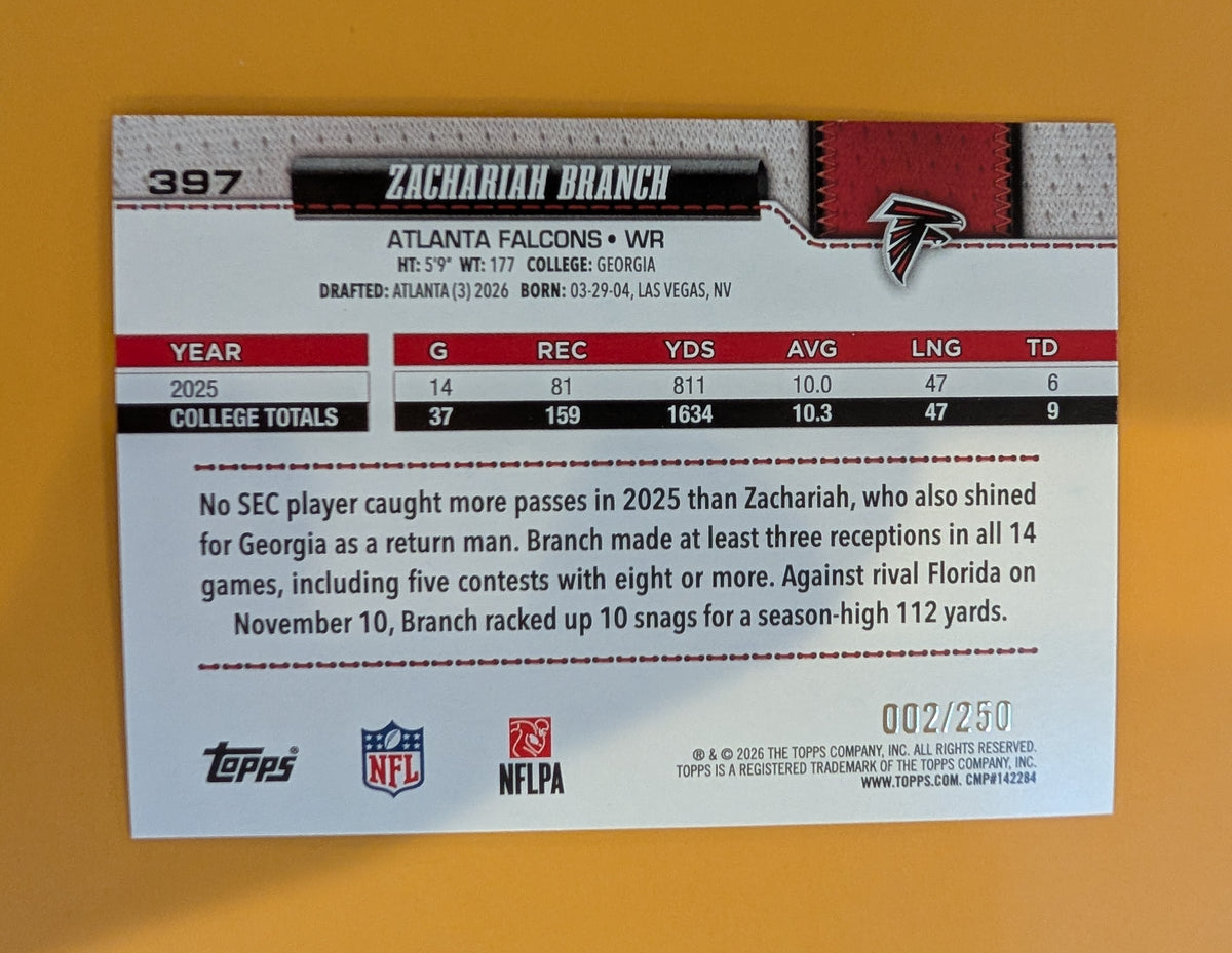 2026 Topps Football Zachariah Branch Falcons Walmart Blue Purple SP /250 RC