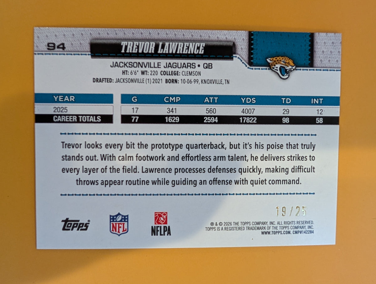 2026 Topps Football Trevor Lawrence Jaguars Walmart Orange Blue SSP /25 #94