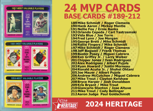 2024 Topps Heritage 1975 MVP Base Cards Set of 24 Schmidt Brett Ohtani Pujols