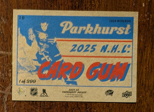 2025-26 Parkhurst Card Gum Back Zach Werenski #70 /299 - Columbus Blue Jackets