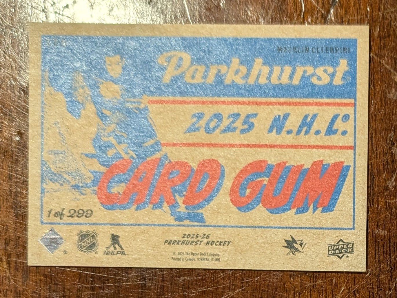 2025-26 Parkhurst 1954-55 Retros Card Gum Back Macklin Celebrini #28 /299 - San Jose Sharks