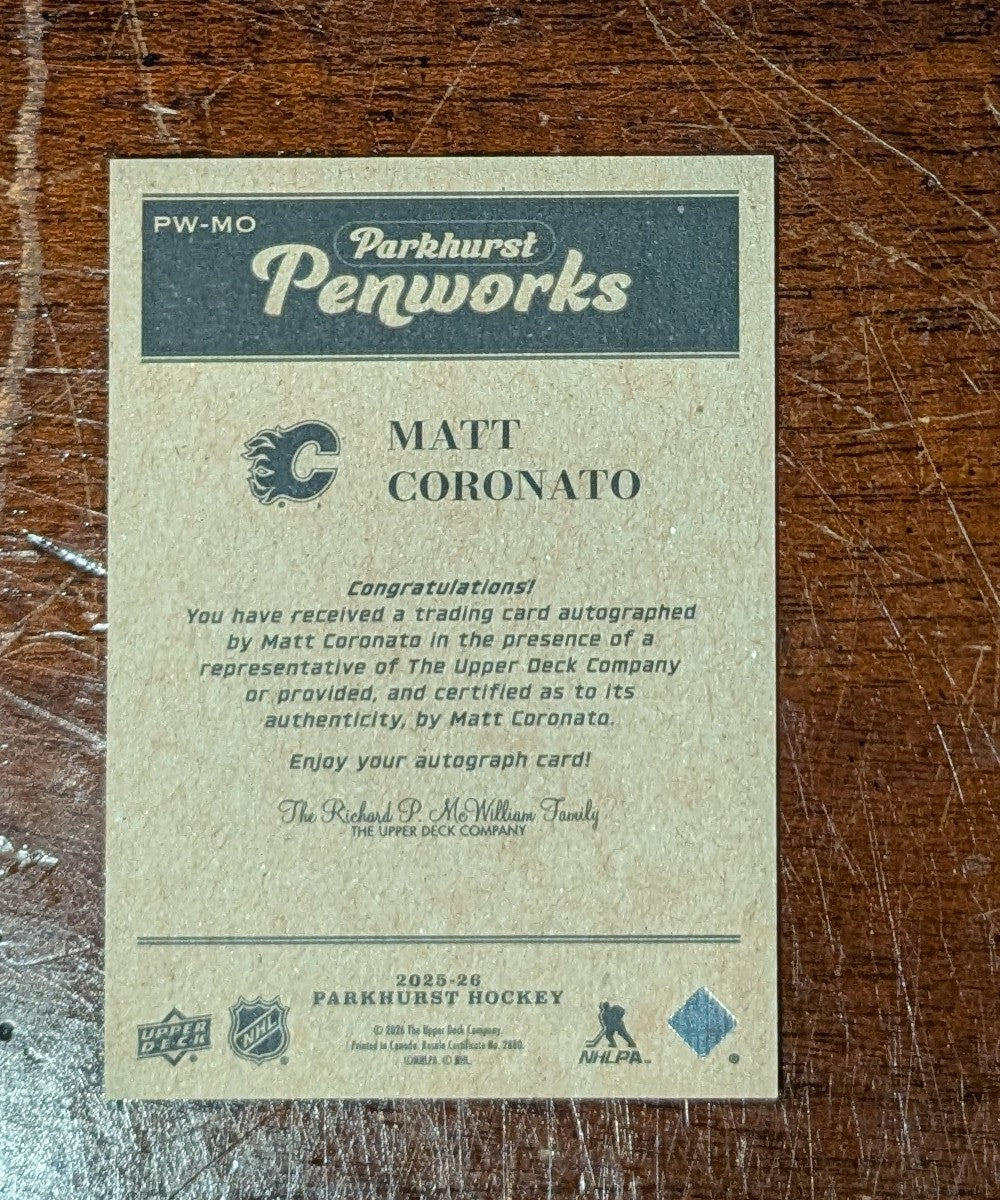 2025-26 UD Parkhurst Penworks On-Card Autograph Matt Coronato - Calgary Flames