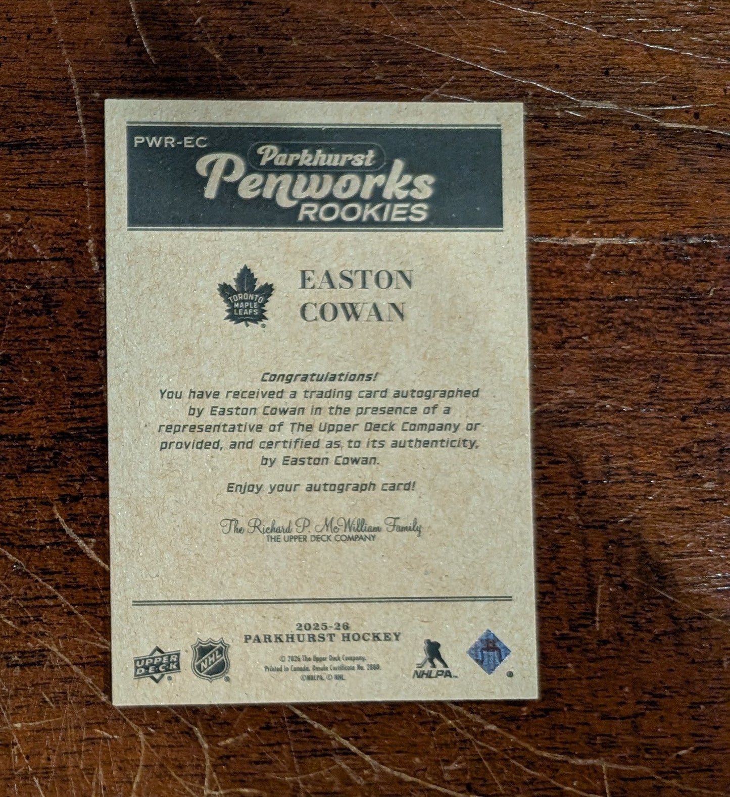 2025-26 Parkhurst Penworks Rookies On-Card Autograph Easton Cowan RC - Toronto Maple Leafs