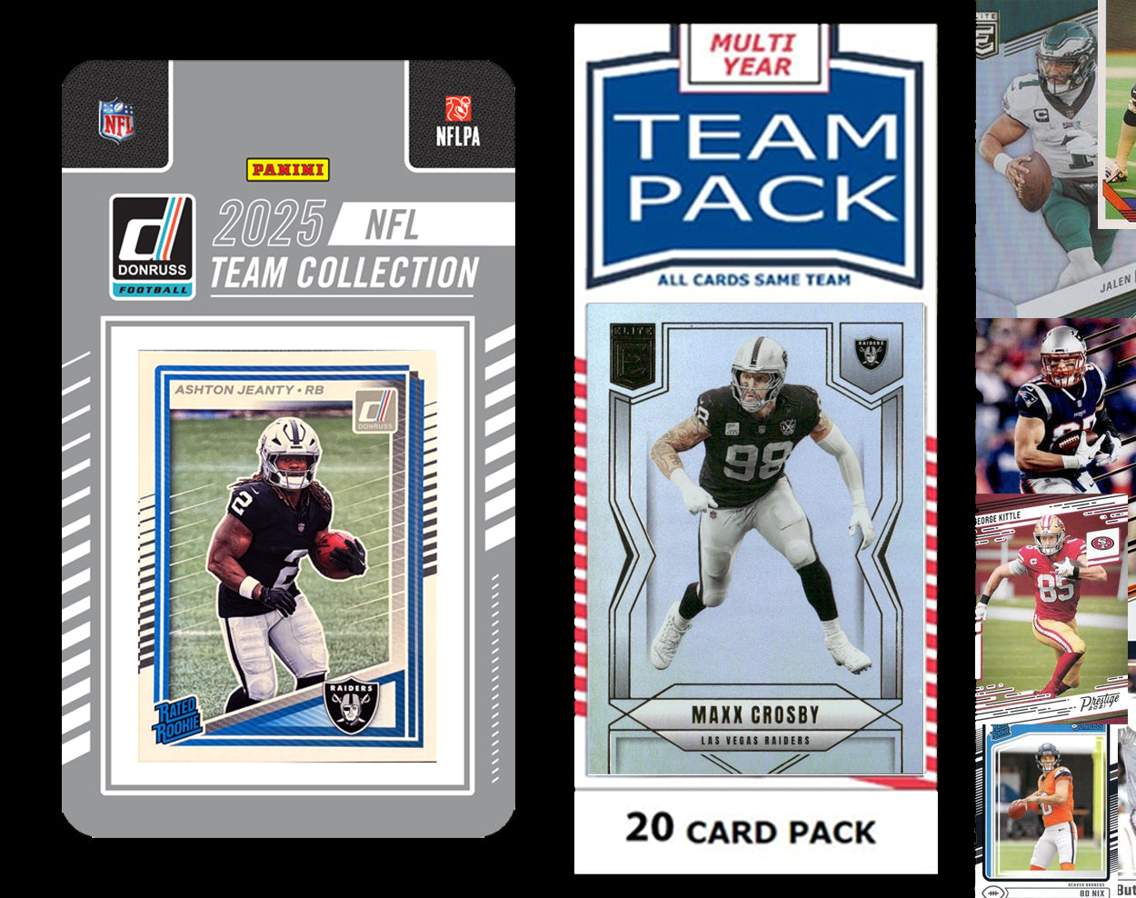 Las Vegas Raiders 2025 2024 2023 Team Pack 20 Cards Crosby + 2025 Donruss Team Set Ashton Jeanty RC