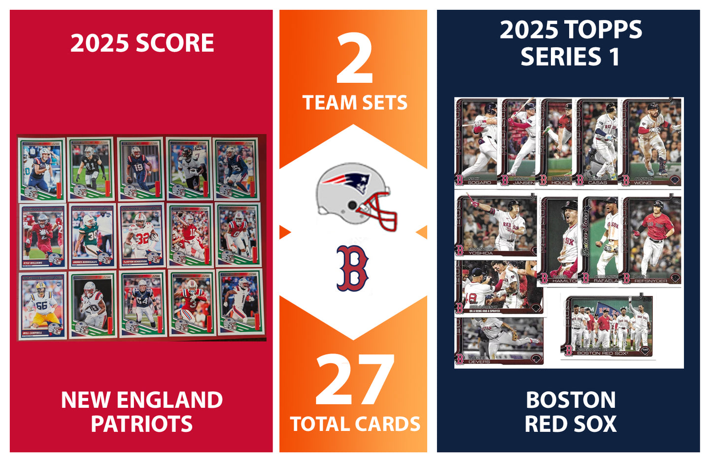 2025 Topps Boston Red Sox SCORE New England Patriots NFL MLB Team Set Bundle - 27 Total Cards - Drake Maye Casas