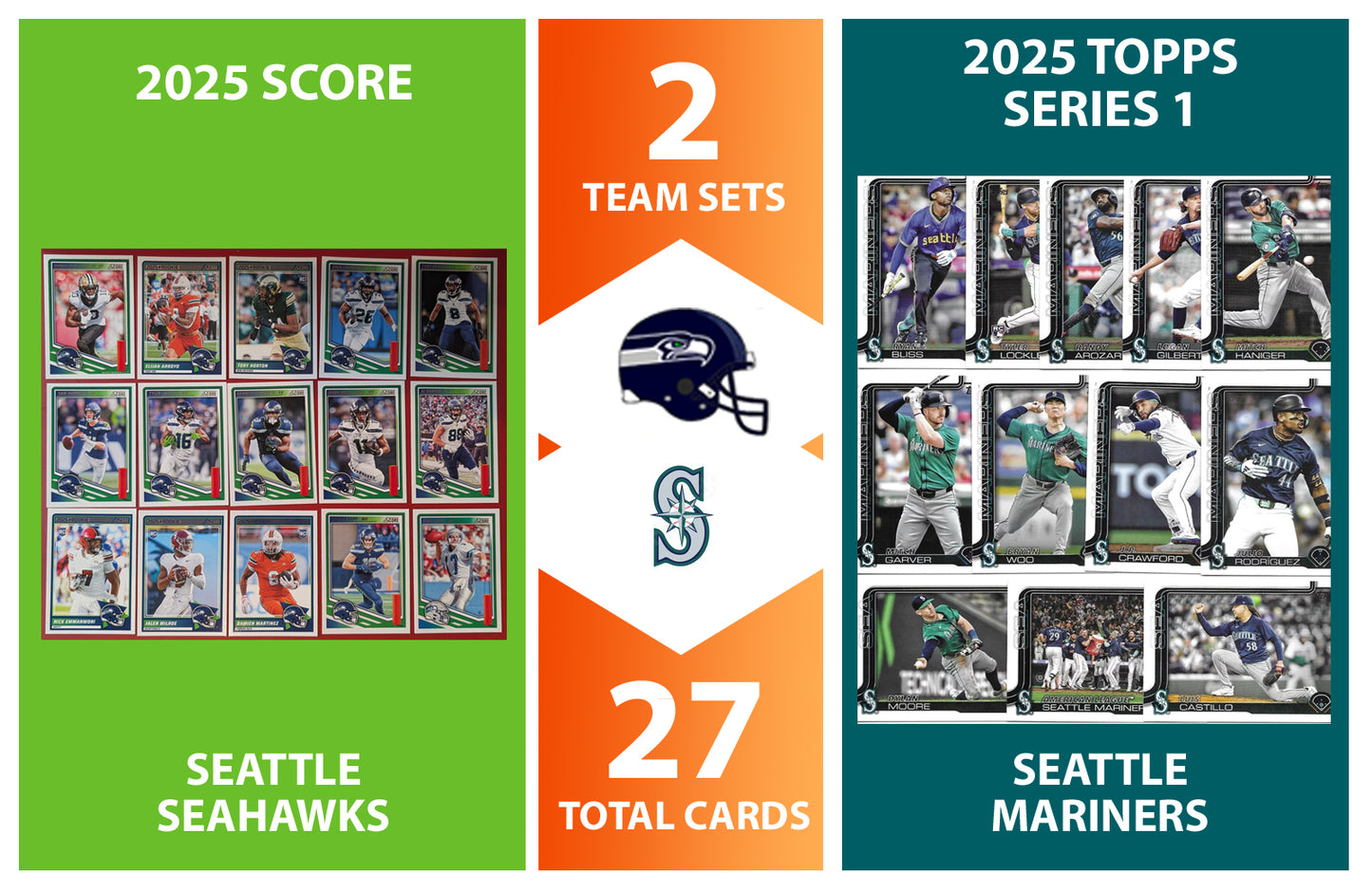 2025 Topps Seattle Mariners SCORE Seahawks NFL MLB Team Set Bundle - 27 Total Cards - Kupp Julio Rodriguez