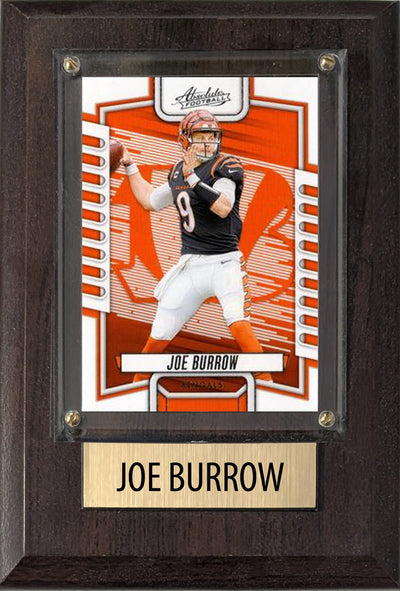 Joe Burrow Cincinnati Bengals 2025 2024 Donruss Score Prizm Topps 4x6 Gift football plaque with 1 trading card and engraved nameplate, 4x6 fan cave display