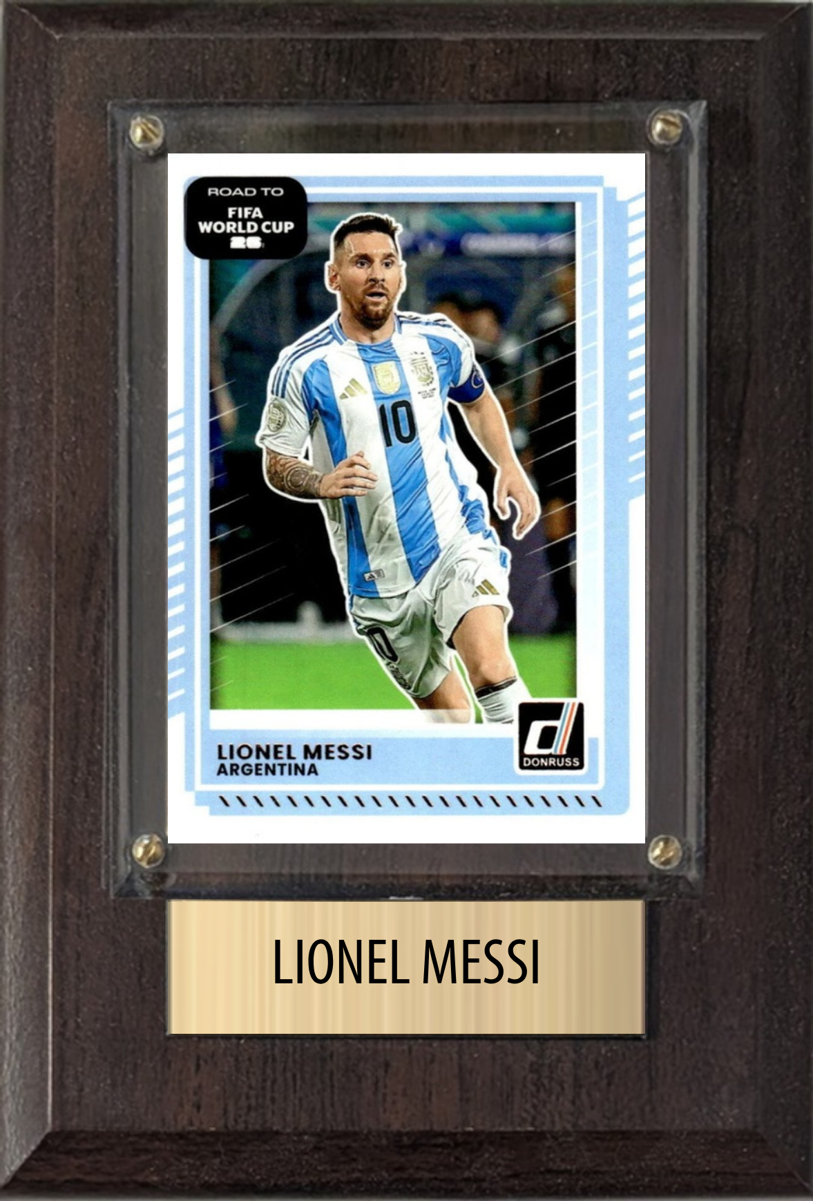 Lionel Messi Argentina World Cup Soccer Fan Gift Plaque 4x6 1 Card Panini, Topps, Donruss 2024 2025 2026