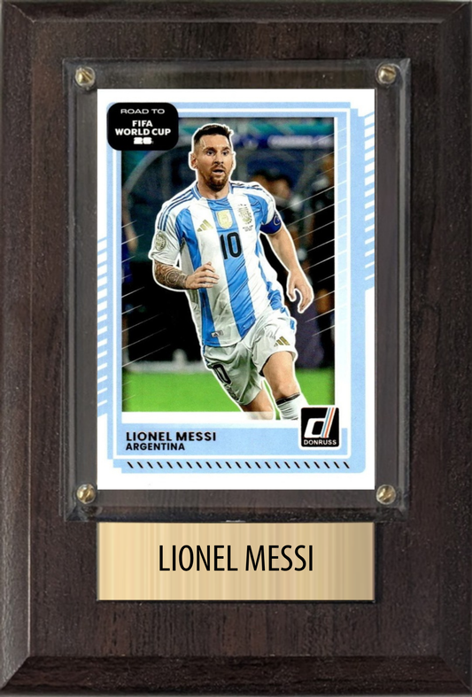 Lionel Messi Argentina World Cup Soccer Fan Gift Plaque 4x6 1 Card Panini, Topps, Donruss 2024 2025 2026