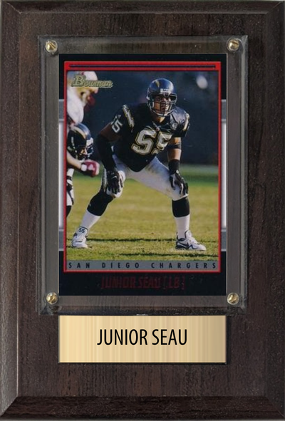 Junior Seau Los Angeles Chargers Hall of Fame Fan Gift Plaque 4x6 1 Card Prizm, Donruss, Score 2024 2025 2026