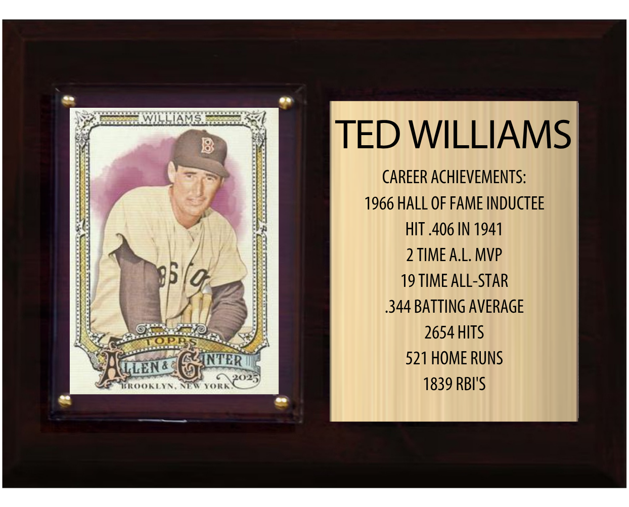 Ted Williams Boston Red Sox HOF Fan Gift Plaque 6x8 Stats 1 Card Topps Donruss Panini 2024 2025 2026