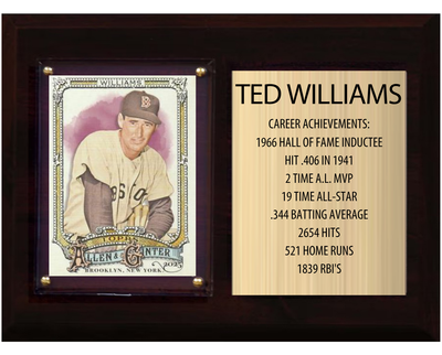 Ted Williams Boston Red Sox HOF Fan Gift Plaque 6x8 Stats 1 Card Topps Donruss Panini 2024 2025 2026