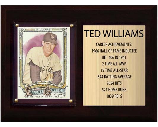 Ted Williams Boston Red Sox HOF Fan Gift Plaque 6x8 Stats 1 Card Topps Donruss Panini 2024 2025 2026