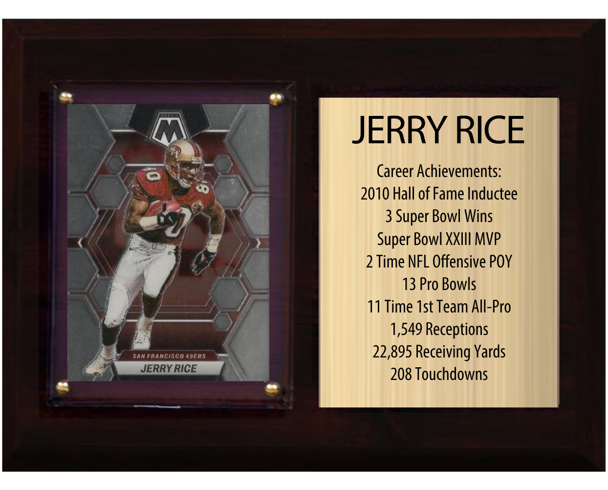 Jerry Rice San Francisco 49ers HOF Fan Gift Plaque 6x8 Stats 1 Card Donruss Score Panini Topps Prizm 2024 2025 2026