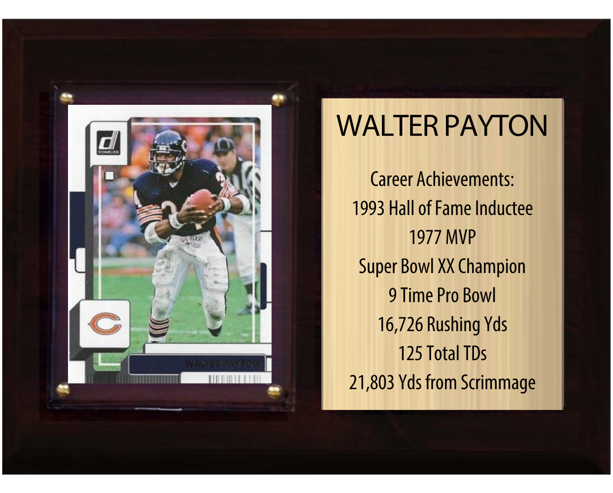 Walter Payton Chicago Bears HOF Fan Gift Plaque 6x8 Stats 1 Card Donruss Score Panini Topps Prizm 2024 2025 2026