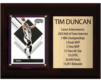 Tim Duncan San Antonio Spurs HOF Fan Gift Plaque 6x8 Stats 1 Card Panini Donruss Hoops Prizm Topps 2024 2025 2026