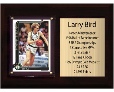 Larry Bird Boston Celtics HOF Fan Gift Plaque 6x8 Stats 1 Card Panini Donruss Hoops Prizm Topps 2024 2025 2026