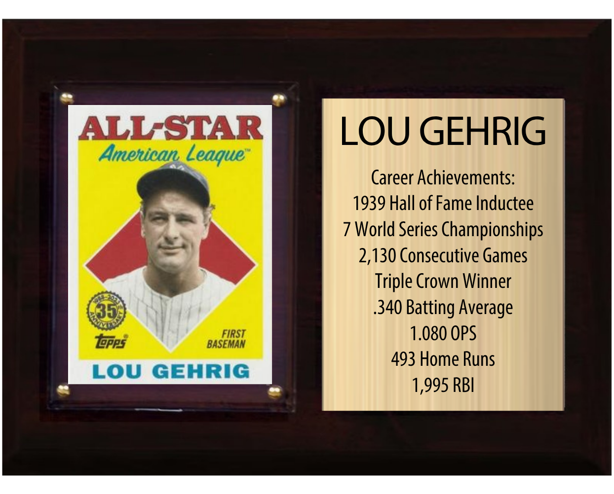 Lou Gehrig New York Yankees HOF Fan Gift Plaque 6x8 Stats 1 Card Topps Donruss Panini 2024 2025 2026