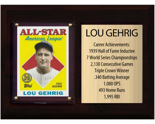 Lou Gehrig New York Yankees HOF Fan Gift Plaque 6x8 Stats 1 Card Topps Donruss Panini 2024 2025 2026