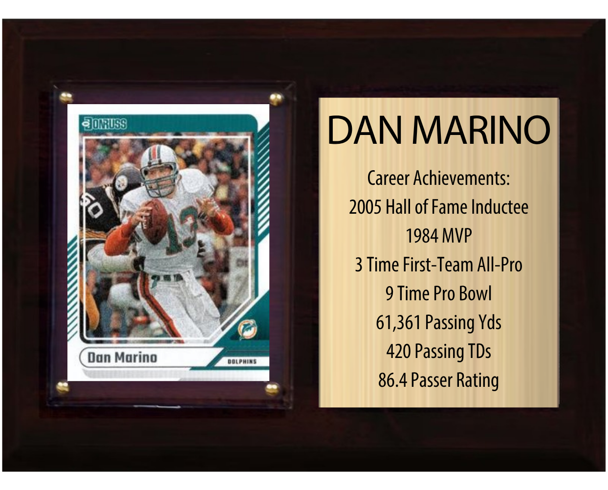 Dan Marino Miami Dolphins HOF Fan Gift Plaque 6x8 Stats 1 Card Donruss Score Panini Topps Prizm 2024 2025 2026
