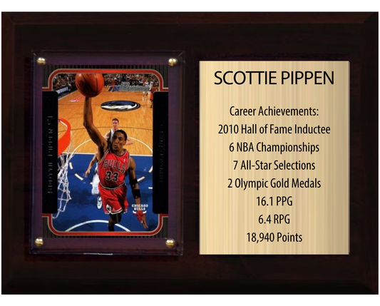 Scottie Pippen Chicago Bulls HOF Fan Gift Plaque 6x8 Stats 1 Card Panini Donruss Hoops Prizm Topps 2024 2025 2026