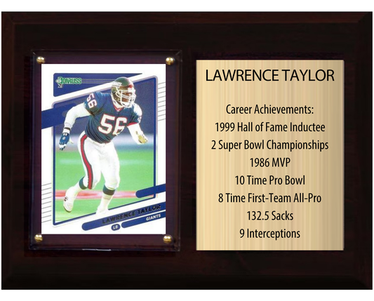 Lawrence Taylor New York Giants HOF Fan Gift Plaque 6x8 Stats 1 Card Donruss Score Panini Topps Prizm 2024 2025 2026