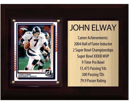 John Elway Denver Broncos HOF Fan Gift Plaque 6x8 Stats 1 Card Donruss Score Panini Topps Prizm 2024 2025 2026