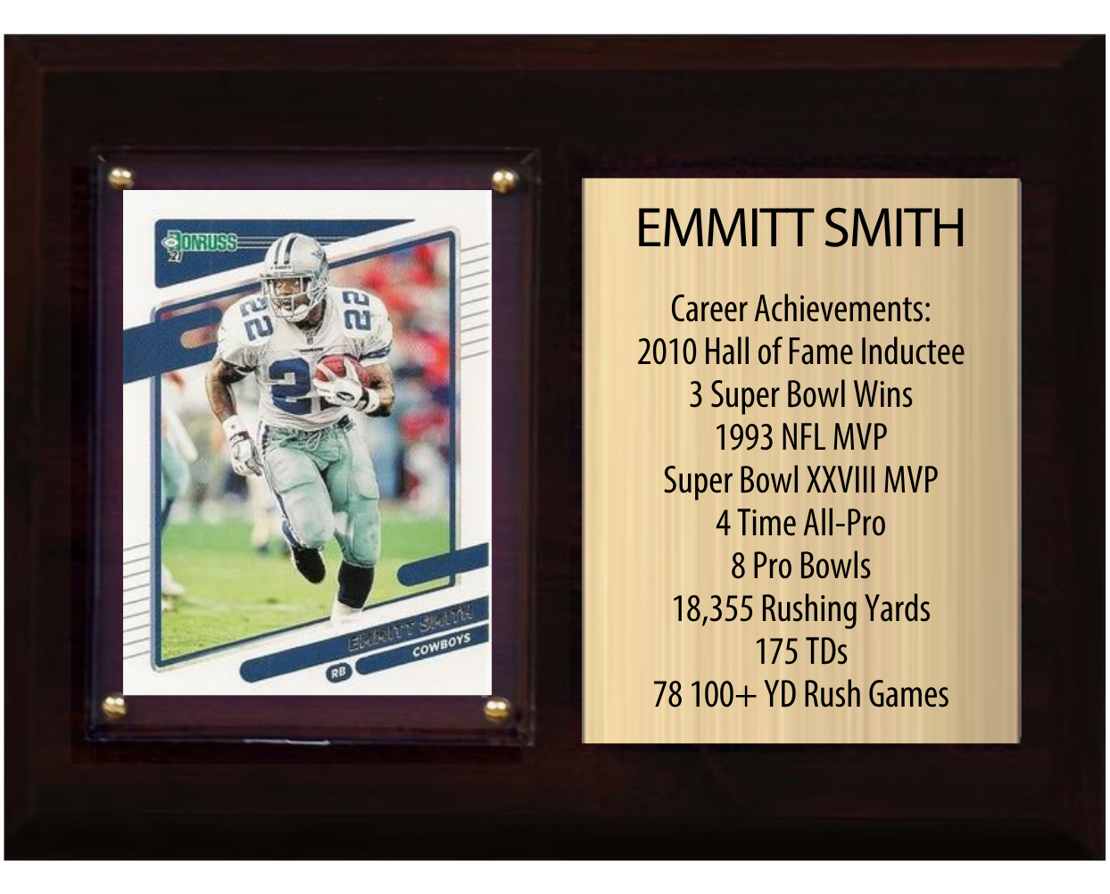 Emmitt Smith Dallas Cowboys HOF Fan Gift Plaque 6x8 Stats 1 Card Donruss Score Panini Topps Prizm 2024 2025 2026