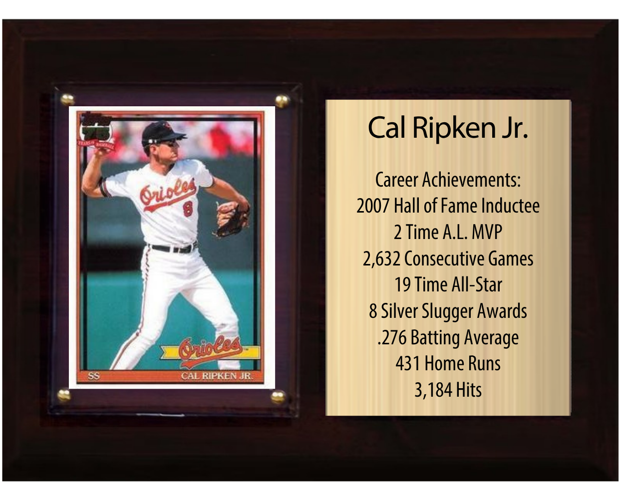 Cal Ripken Jr. Baltimore Orioles HOF Fan Gift Plaque 6x8 Stats 1 Card Topps Donruss Panini 2024 2025 2026