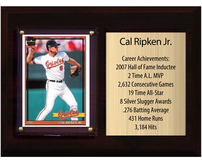 Cal Ripken Jr. Baltimore Orioles HOF Fan Gift Plaque 6x8 Stats 1 Card Topps Donruss Panini 2024 2025 2026