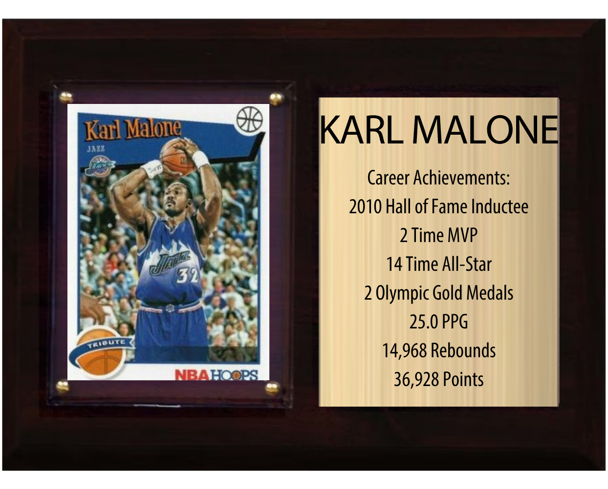 Karl Malone Utah Jazz HOF Fan Gift Plaque 6x8 Stats 1 Card Panini Donruss Hoops Prizm Topps 2024 2025 2026